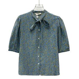 Celine Blue Floral Silk Bow Tie Short-Sleeved Shirt XS